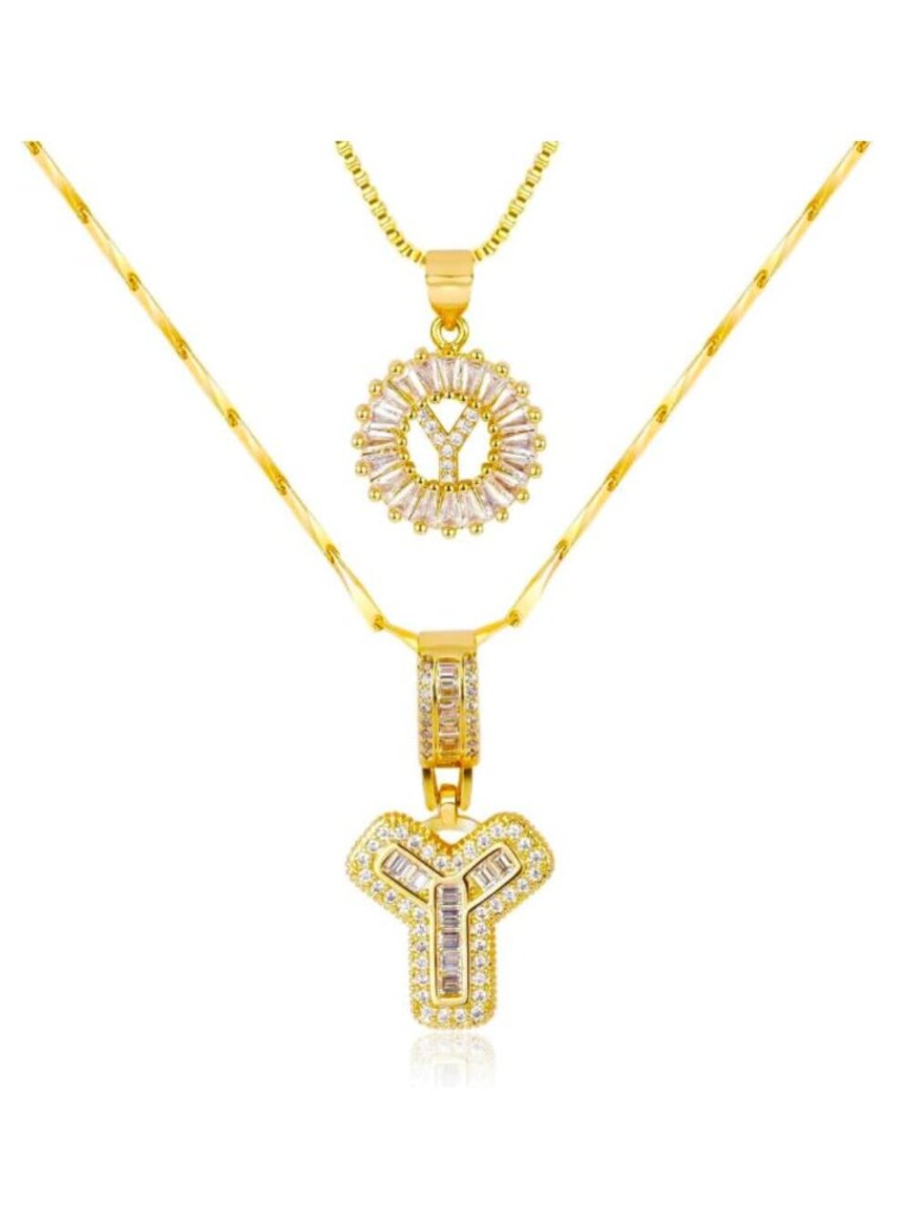 18K Gold Plated Double Layer Initial Necklace Set with 5A Zircon Pendant,